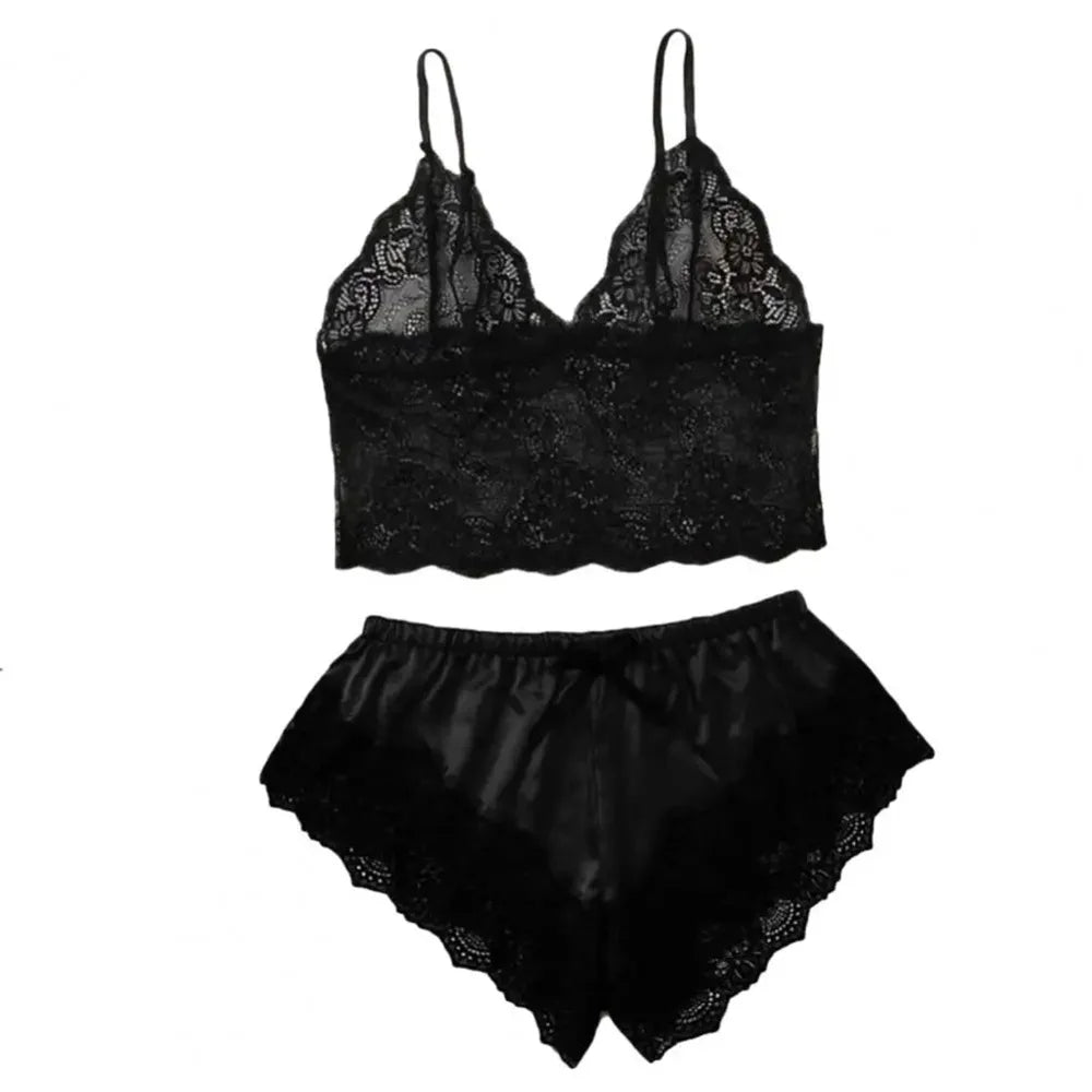 Women Pajamas Set Sexy Satin Lace Sleepwear Lingerie Ladies Elastic Suspender Shorts Nightwear Suits Sleeveless Underwear Tops