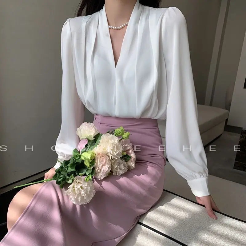 Women Clothing Fashion Loose V-Neck Chiffon Top Spring Autumn Elegant Long Sleeve Blouse Office Lady Simplicity Cozy Solid Shirt