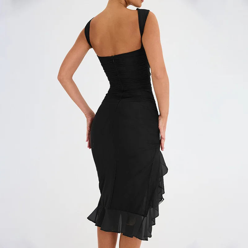 2025 Spring And Summer Sleeveless Dresses Women New Fashion Mesh Tight Solid Color Elegant Temperament Irregular Hem Vestidos