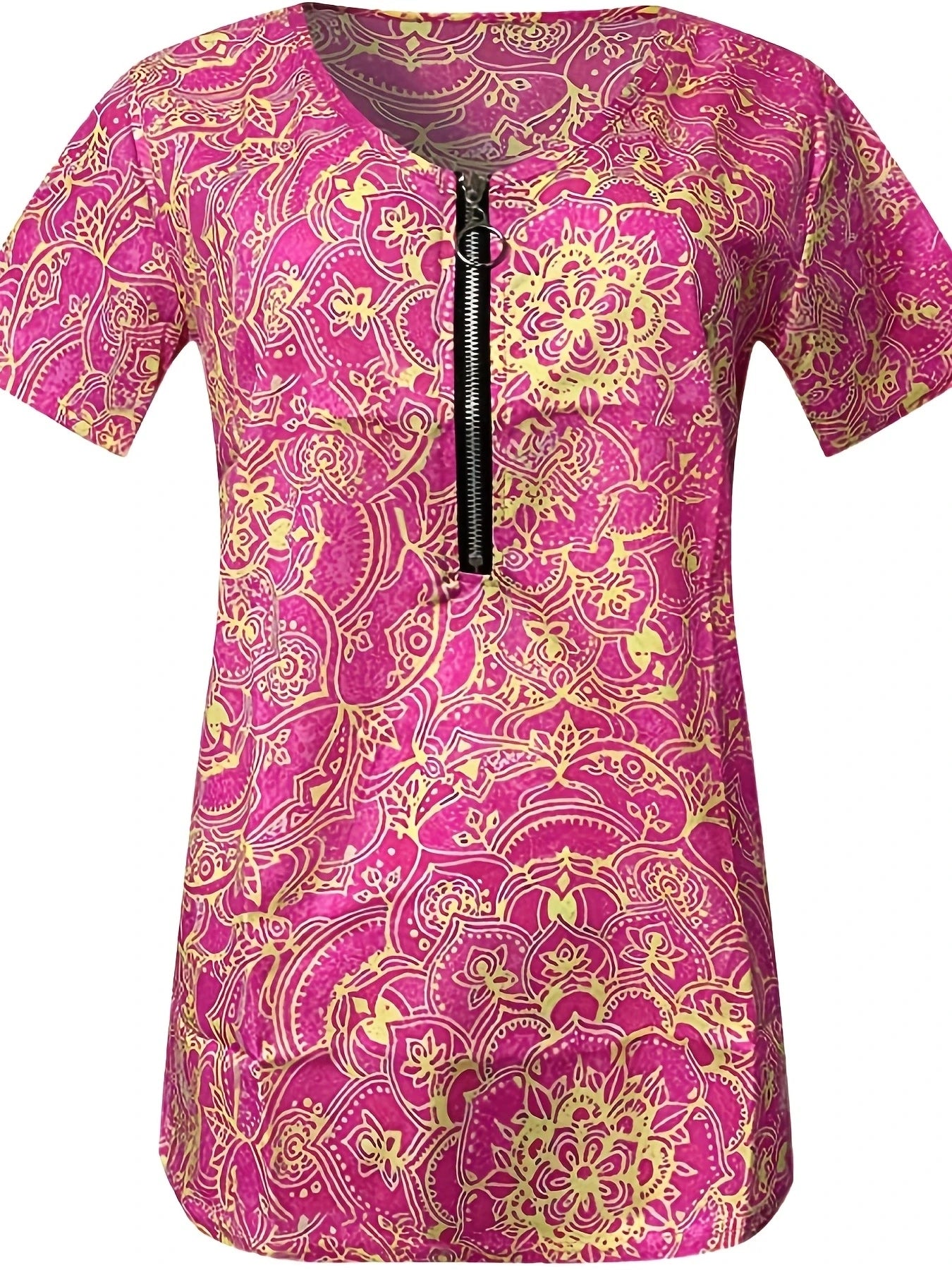 Women Fashion Short Sleeve Printed Zippered Top