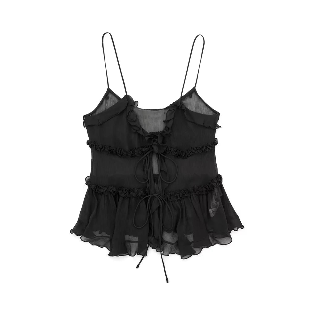 Women Fashion With Ruffled Front Tied Semi-sheer Tank Tops Sexy Backless Thin Straps Female Camis Mujer