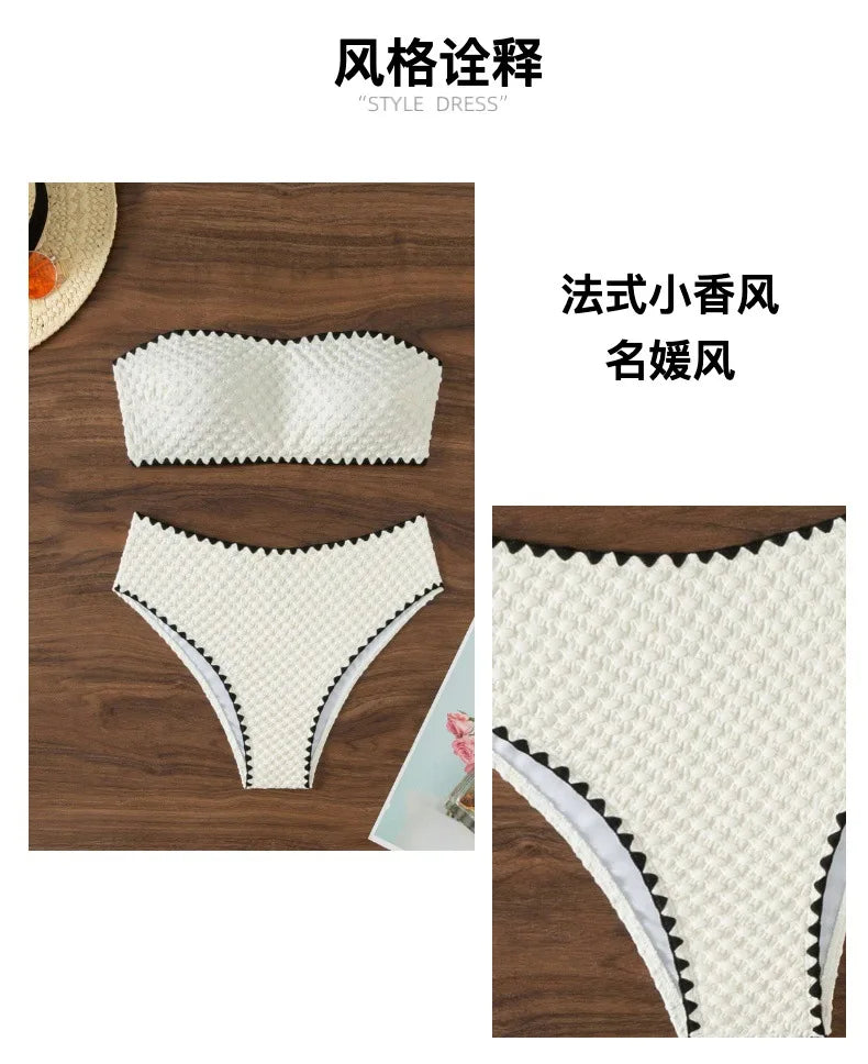 Swimwear White 2 Piece Strapless Swimsuit for Women Sexy Bandeau Backless Bikini Set Lace-up Patchwork Bathing Suit 2025 New