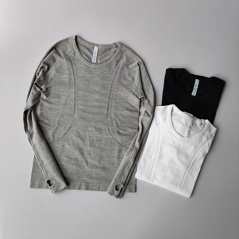 Yoga Clothes for Women, Sports Tops, Round Neck,, Seamless, Slim, Running Shirt Fitness Workout Long Sleeves Gym T shirt, Winter