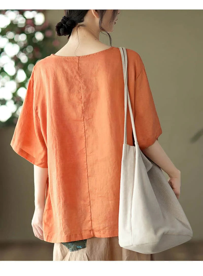 Cotton Linen T Shirts Women Fashion Vintage Art Printed T-shirt Casual Loose O-neck Short Sleeve Tops Summer Trend Thin Tshirt