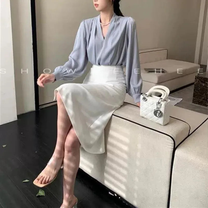 Women Clothing Fashion Loose V-Neck Chiffon Top Spring Autumn Elegant Long Sleeve Blouse Office Lady Simplicity Cozy Solid Shirt