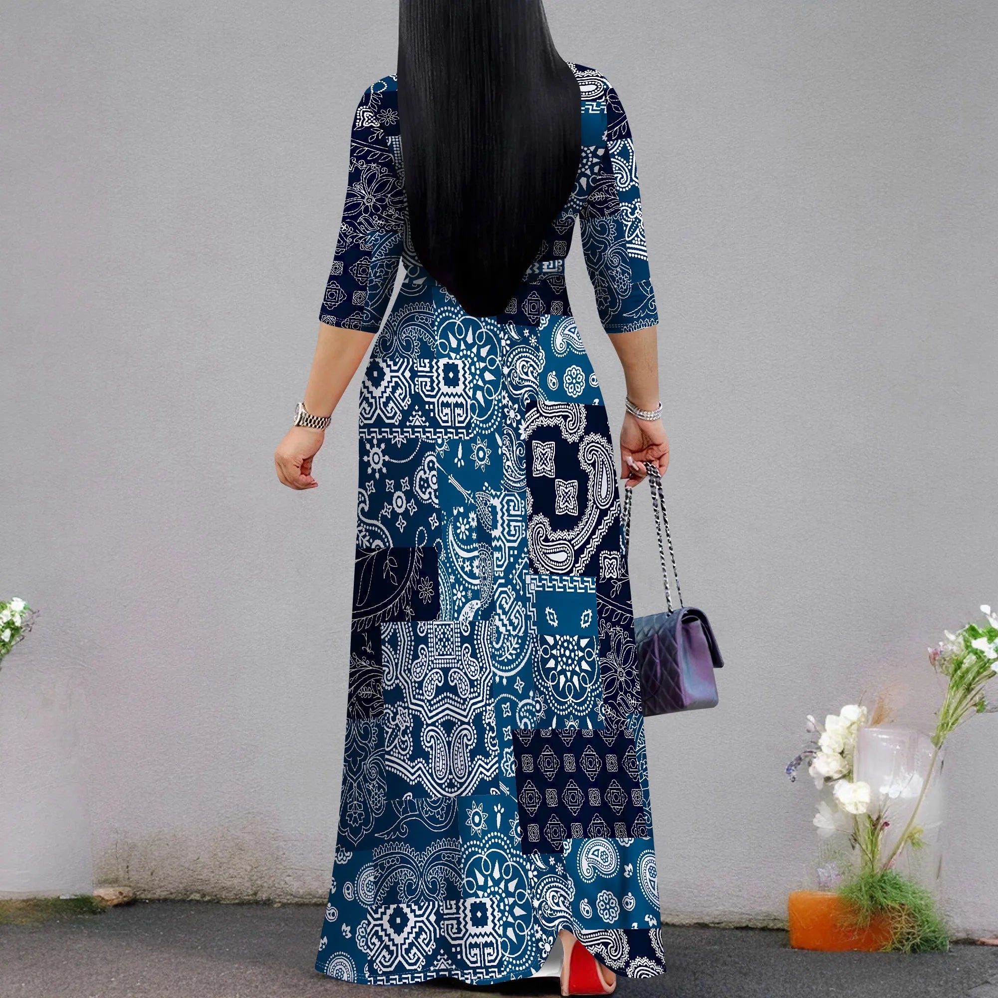 Plus Size Dresses for Women Print Maxi Dresses Flowy 3/4 Sleeve with Belt