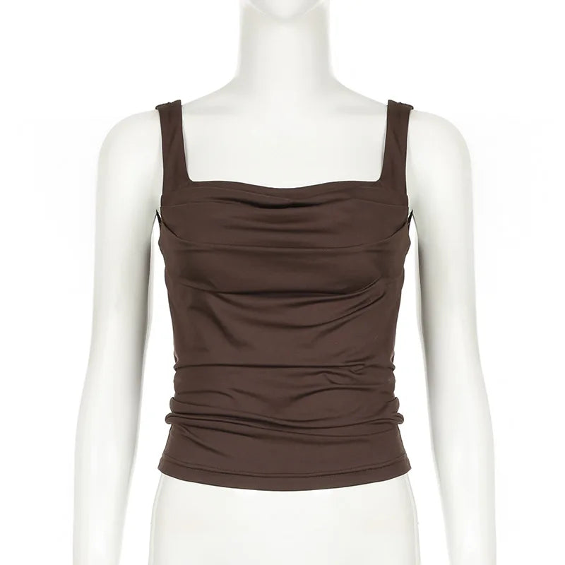 Sexy Tank Women Summer New Tops Solid Backless Streetwear Casual Slim Sleeveless Camisole Fashion Folds Tank Tops Lady Clothing