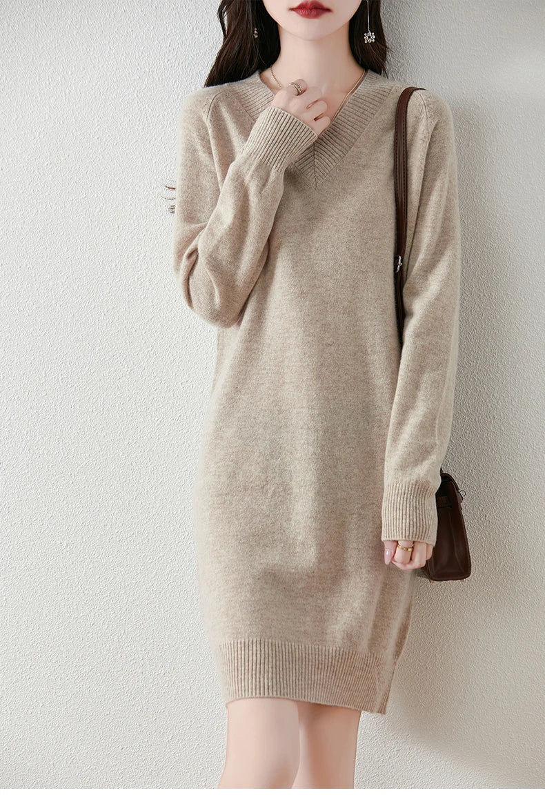 Fashion Autumn Winter Dress Women100%Merino Wool V-neck Long-sleeved Dress Women&