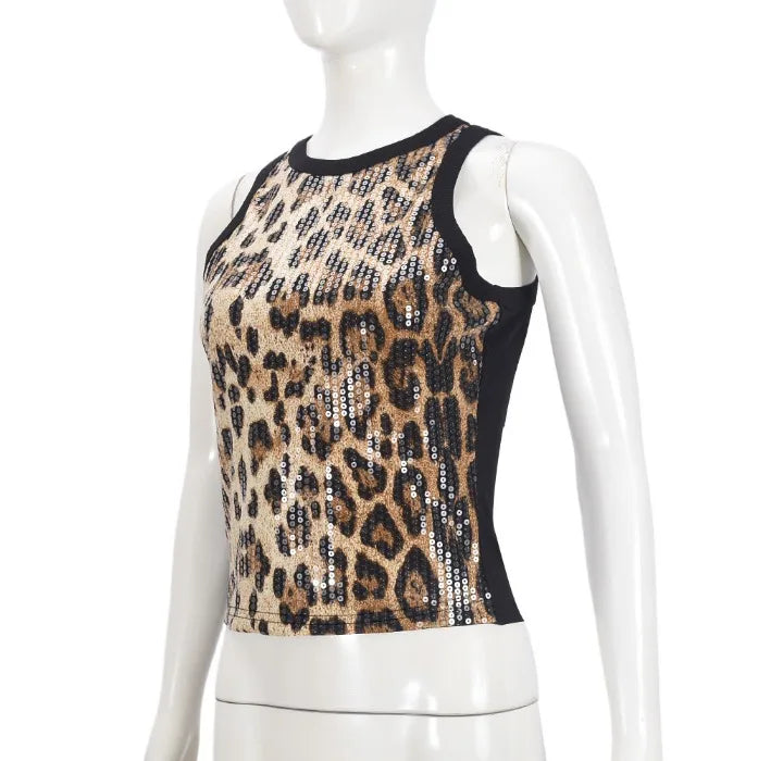 Tank Top for Women 2025 Summer New Pearl Leopard Print Small Sleeveless T-shirt Sexy Exposed Navel and Waist Color Blocked Vest
