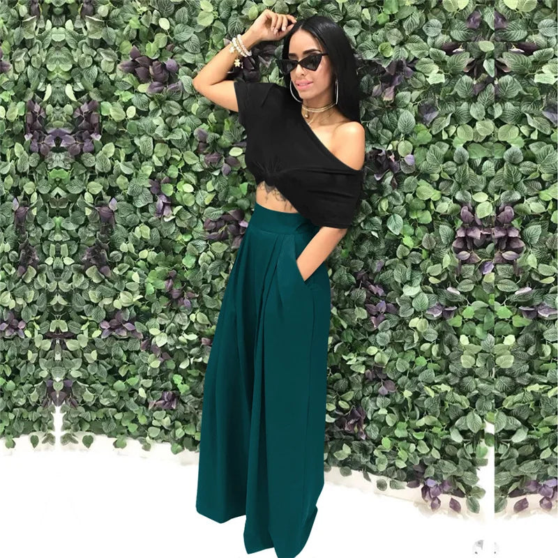 Women Casual Loose Palazzo Pants Autumn High Waisted Wide Leg Trousers Pleated Long Culottes Pants Elastic Waist Trouser Pockets