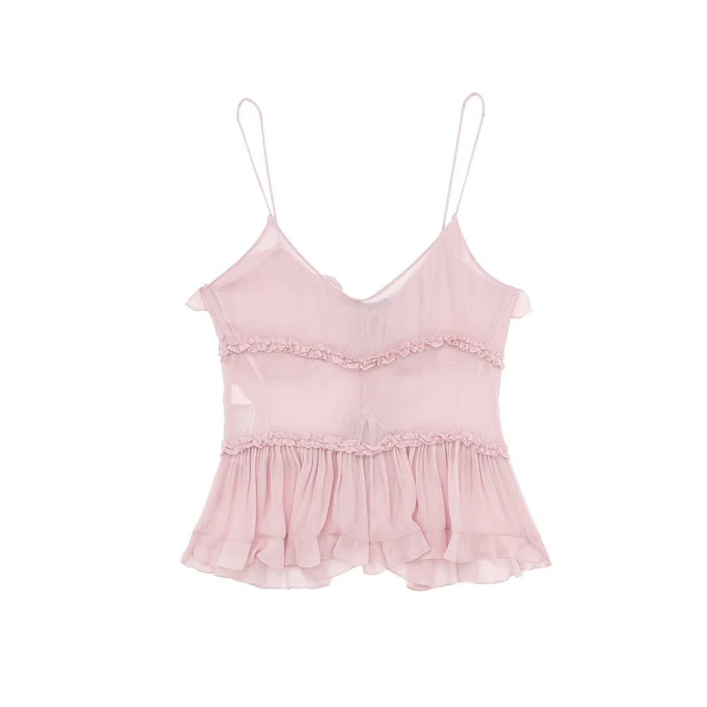 Women Fashion With Ruffled Front Tied Semi-sheer Tank Tops Sexy Backless Thin Straps Female Camis Mujer