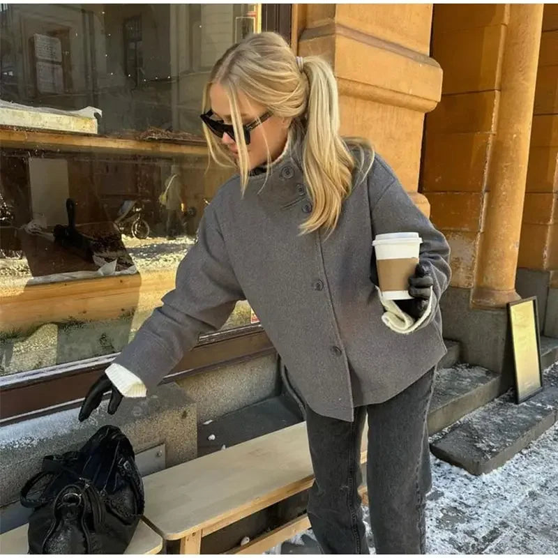 Women Fashion Stand Collar Woolen Jacket Single Breasted Long Sleeve Female Coat 2025 Autumn Chic Street Office Short Outerwears