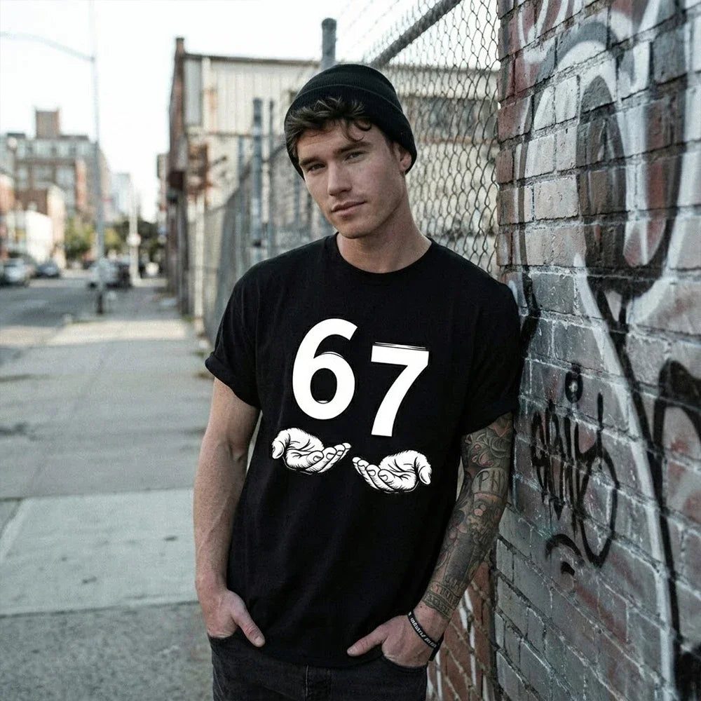 European And American Men T-Shirts Funny Six Seven 67 Meme Gen Alpha Slang 67 Hands Retro Cotton Comfort Short-Sleeve T-Shirt