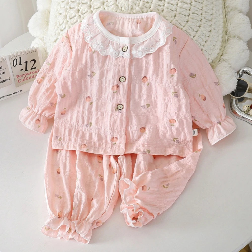 Summer Child Clothing Sets in Air-conditioned Room Girls Breathable Comfortable Long Sleeve Lace Home Clothes Sets Kids Pajamas