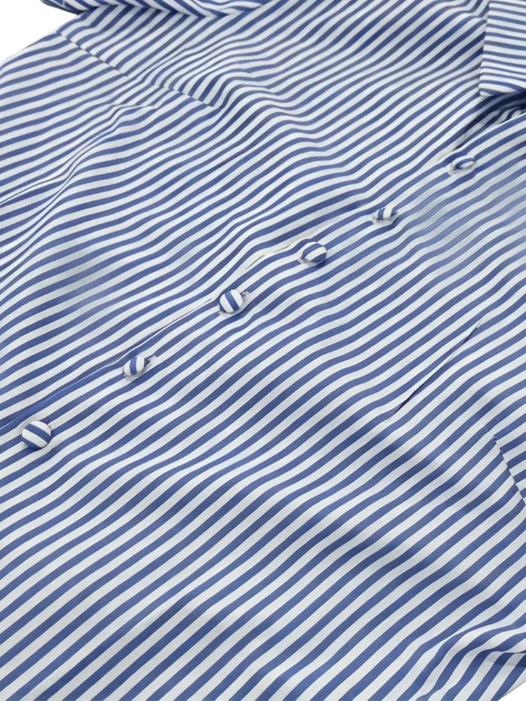 Womens Blue White Striped Cropped Button Down Shirt Slim Fit Short Puff Sleeve Y2K Vtg Casual Office Summer 2026 Chic Blouses