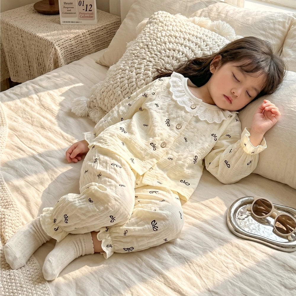 Summer Child Clothing Sets in Air-conditioned Room Girls Breathable Comfortable Long Sleeve Lace Home Clothes Sets Kids Pajamas