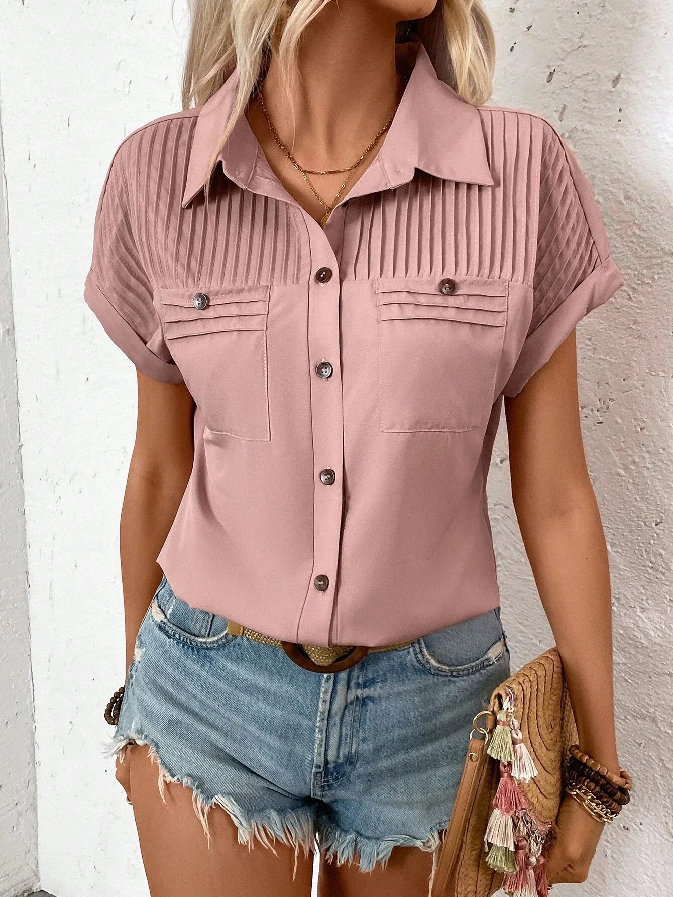 Fashion Short Sleeve Shirts For Women Summer 2025 Casual Solid Color Turn-down Collar Loose Blouse Female Elegant