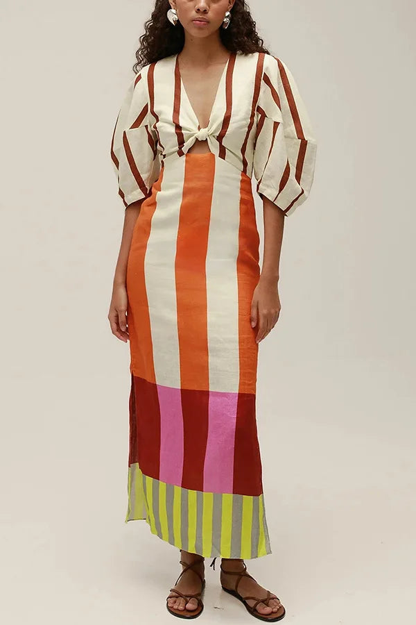 Women Fashion Linen Material Fashion Chic Print Long Party Dresses Sexy V-neck Hollow Out High Waist Party Dress Lady Robes
