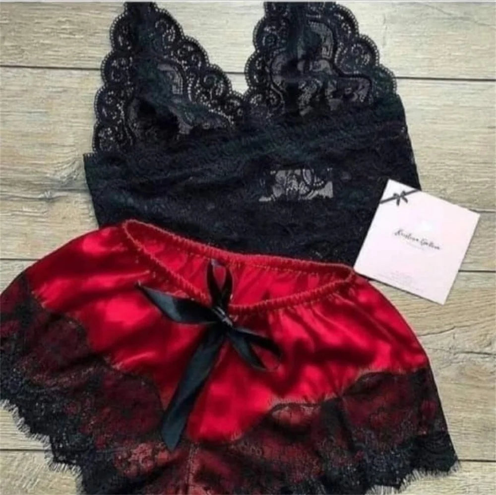 Women Pajamas Set Sexy Satin Lace Sleepwear Lingerie Ladies Elastic Suspender Shorts Nightwear Suits Sleeveless Underwear Tops