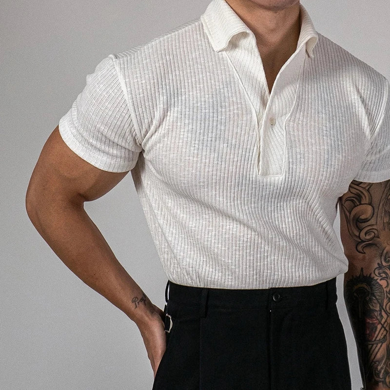 Trendy Ribbed Polo Shirts For Men Sports Fitness Muscle Short Sleeve Slim Stretch Tops Casual Pure Color Lapel Polo Mens T Shirt