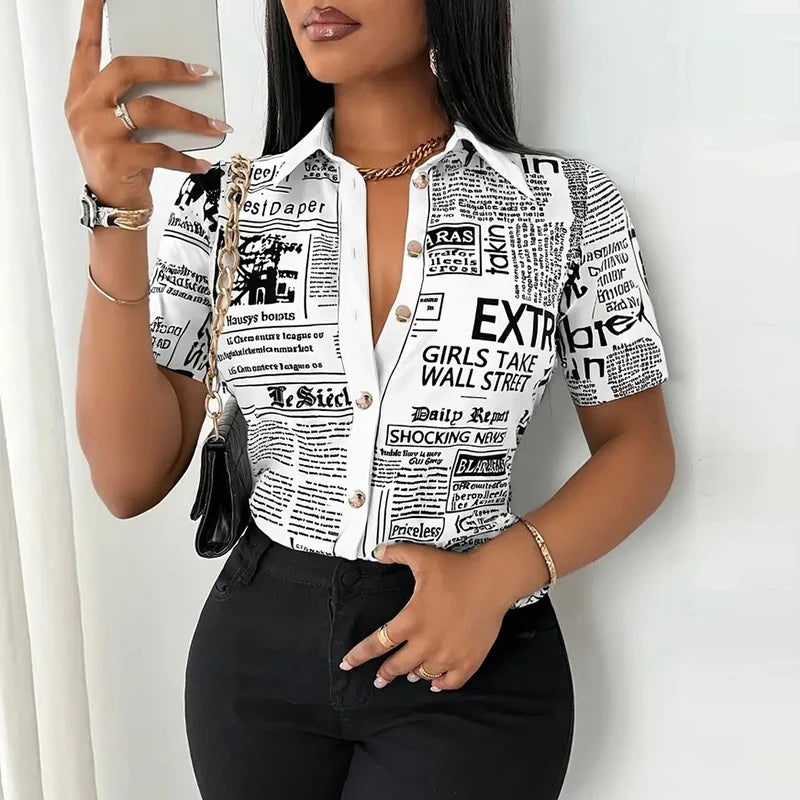Summer Fashion Button Slim Fit Shirt Women Elegant Short Sleeve Single Breasted Letter Printed Blouses For Women Tops