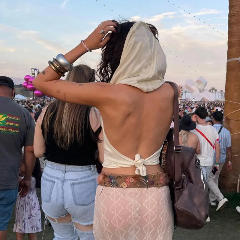 Hooded Crop Top Women Edgy Clothes Y2k Accessories Backless Sexy Halter Top Tie Back Camison Verano Sleeveless Ropa De Mujer