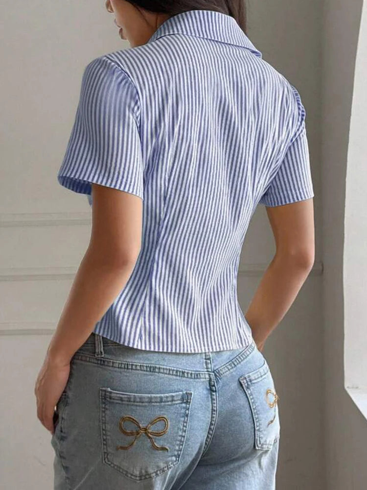 Womens Blue White Striped Cropped Button Down Shirt Slim Fit Short Puff Sleeve Y2K Vtg Casual Office Summer 2026 Chic Blouses