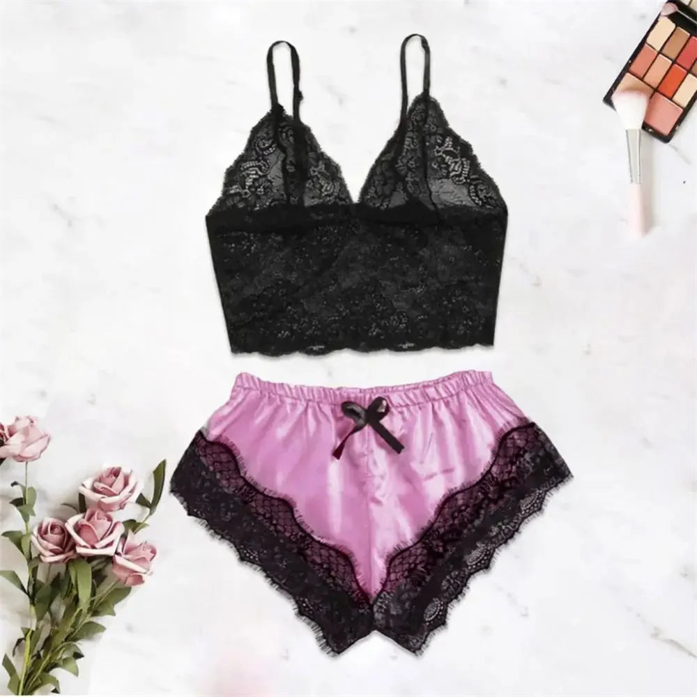 Women Pajamas Set Sexy Satin Lace Sleepwear Lingerie Ladies Elastic Suspender Shorts Nightwear Suits Sleeveless Underwear Tops