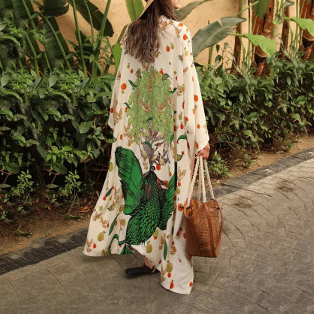 Bird Flower Print Kaftans for Woman Tunicas Femininas Beach Cover Up 2026 Summer Maxi Beach Wear Outfits Kaftan Dresses Womens