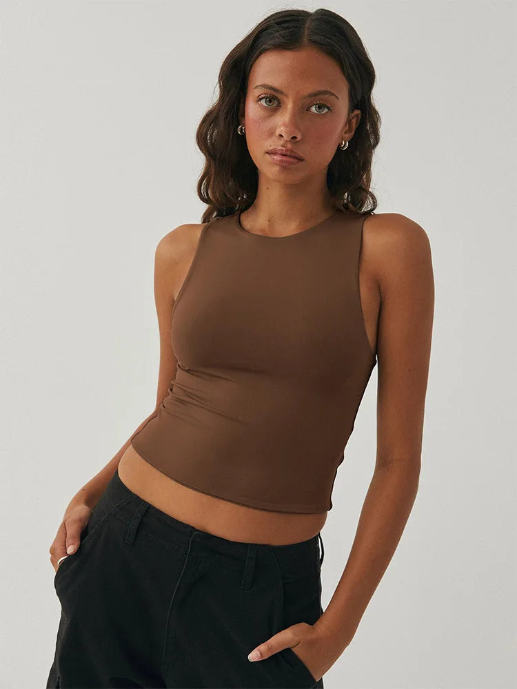 Sleeveless tight bottom shirt, round neck I-shaped solid color top, casual vest