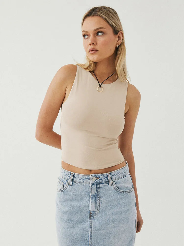 Sleeveless tight bottom shirt, round neck I-shaped solid color top, casual vest