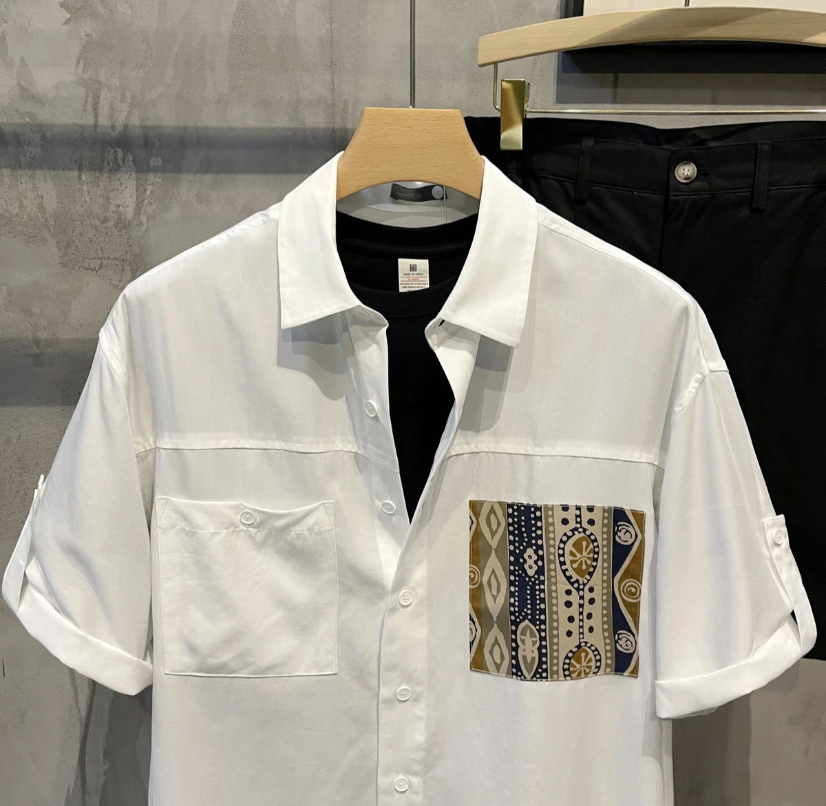 Short Sleeve With Pocket Male Shirts Button Up Print Loose Men&