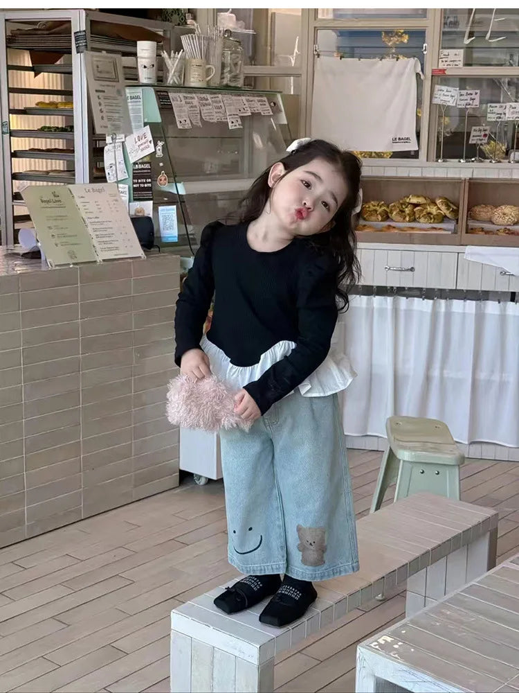 Korean Children Clothing 2025 Spring Clothing New Girls Splicing Long-sleeved T-shirt Top Girl Baby Ruffle Edge Bottoming Shirt