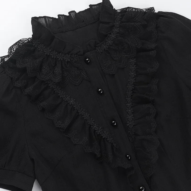 Sweet Lolita Cotton Shirts Women Vintage Gothic Black White Jacquard Short Sleeve Blouses Elegant Office Lady Y2k Tops