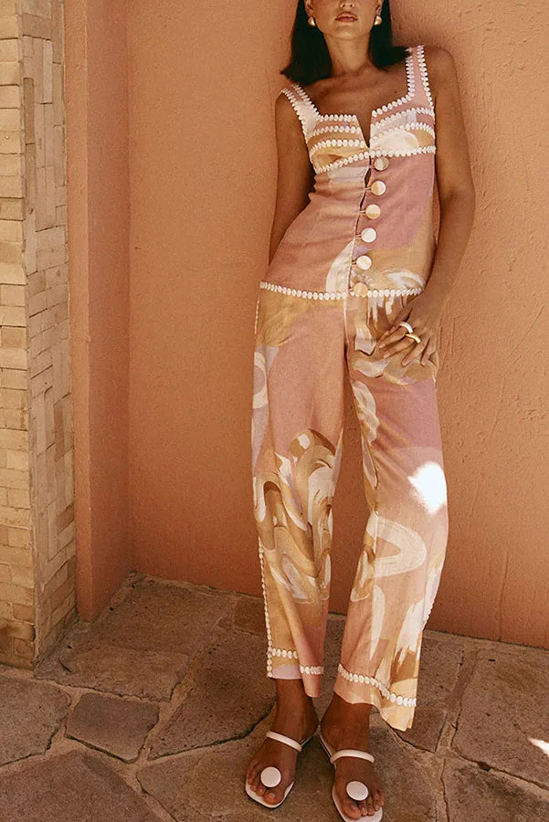 Women Sleeveless Top Two Pieces Matching Sets 2025 Summer Printed Patchwork Chic Outfit V Neck Fashion Simple Lady Suit Clothing