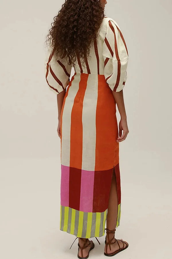Women Fashion Linen Material Fashion Chic Print Long Party Dresses Sexy V-neck Hollow Out High Waist Party Dress Lady Robes