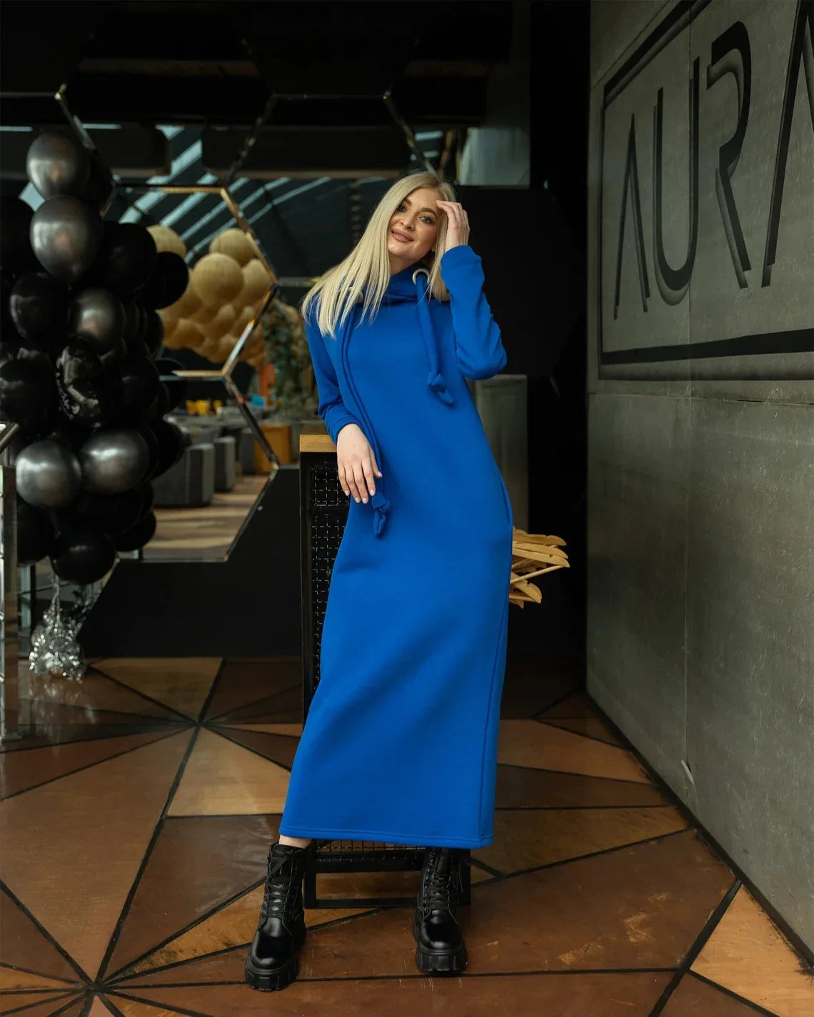 Women Fashion New Loose Large Knitted Hooded Autumn Winter Long Dress Velvet Hoodie Dress Casual Dress Splicing Warm Dress
