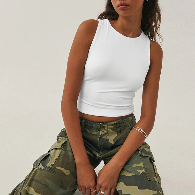 Sleeveless tight bottom shirt, round neck I-shaped solid color top, casual vest
