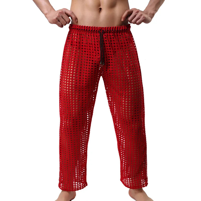 Mens Pajamas Sexy Mesh See Through Long Pants Sleepwear Fishnet Hollow Out Fitness Trousers Sleep Bottoms Sexy Underwear