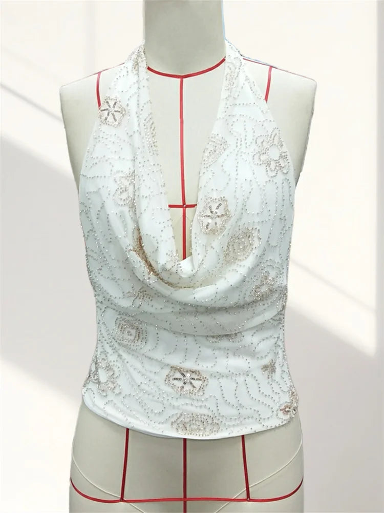 Women Tank Tops Beaded Flower Halter Low Cut Casual Vest Summer Backless Sleeveless Tops Streetwear