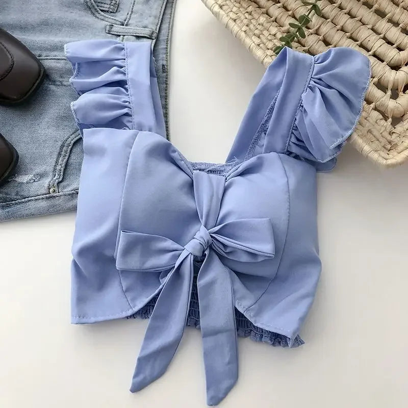 Crop Tops Camis Women Ruffles Sexy Elegant Simple Streetwear Vintage Summer Holiday Casual Young Aesthetic All-match Ulzzang New