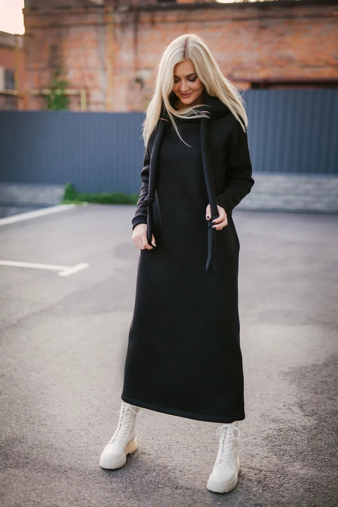 Women Fashion New Loose Large Knitted Hooded Autumn Winter Long Dress Velvet Hoodie Dress Casual Dress Splicing Warm Dress