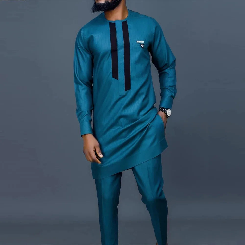 Kaftan Men Wedding Suits Groom Embroidered Pocket Top And Pants Kaunda Suit African casual Outfits Party Fashion Two-piece Set