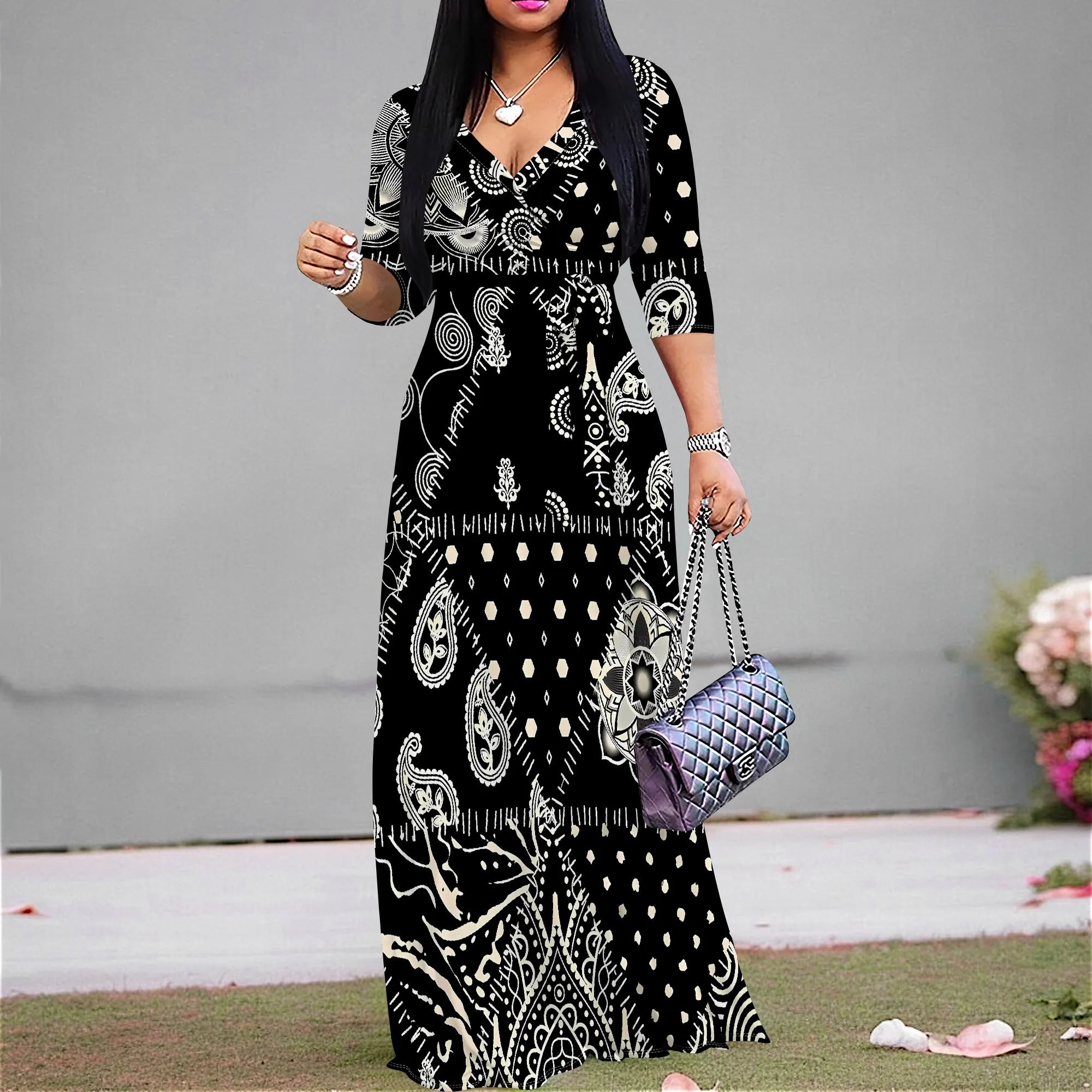 Plus Size Dresses for Women Print Maxi Dresses Flowy 3/4 Sleeve with Belt