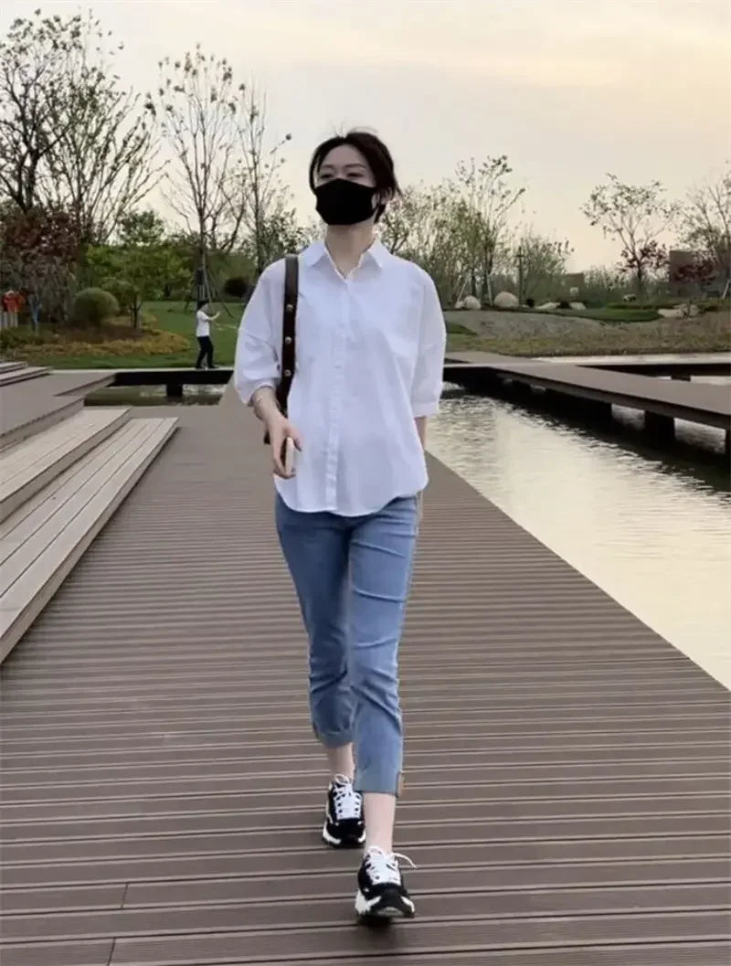 Women Blouses Elegant Streetwear Office Casual Loose Button Up White Blue Long Sleeve Vintage Oversize Shirt Tops