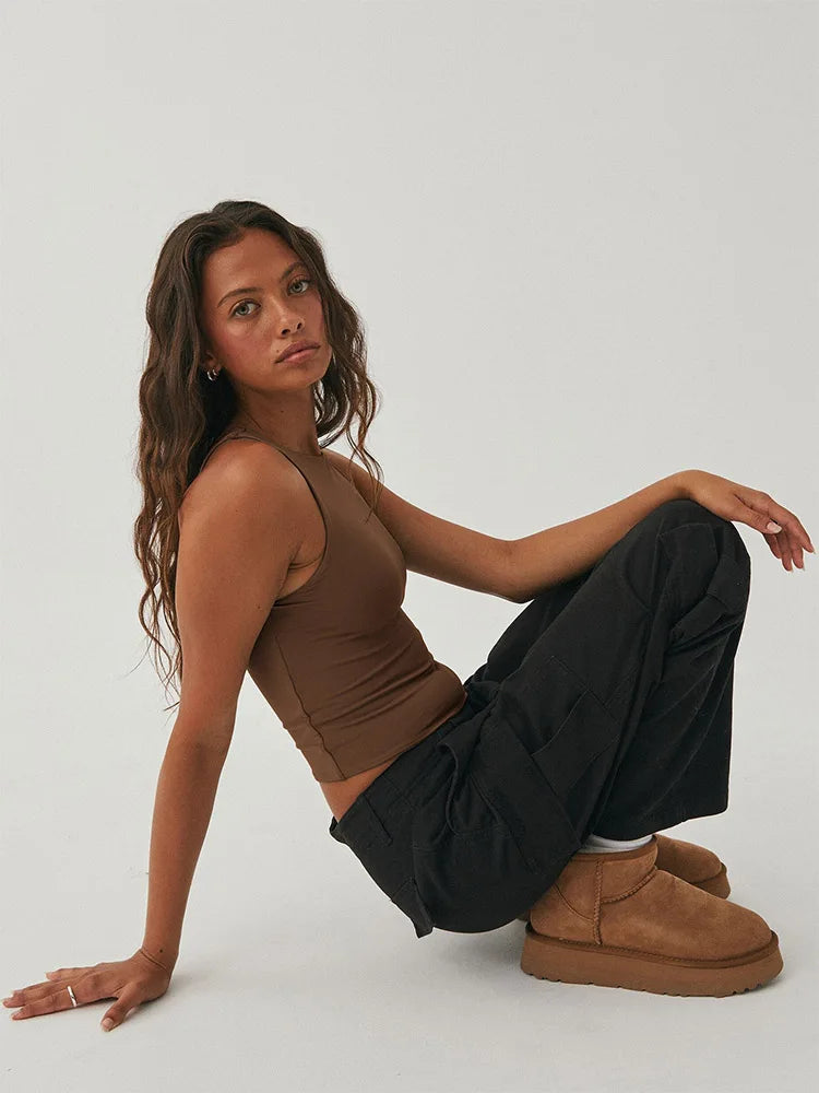 Sleeveless tight bottom shirt, round neck I-shaped solid color top, casual vest