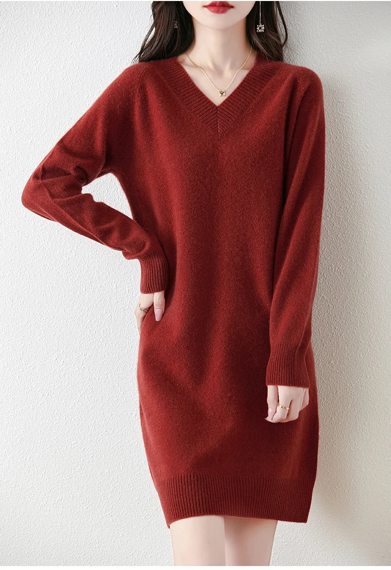 Fashion Autumn Winter Dress Women100%Merino Wool V-neck Long-sleeved Dress Women&