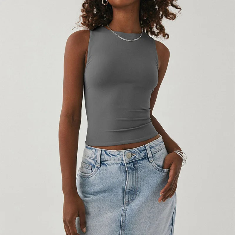 Sleeveless tight bottom shirt, round neck I-shaped solid color top, casual vest