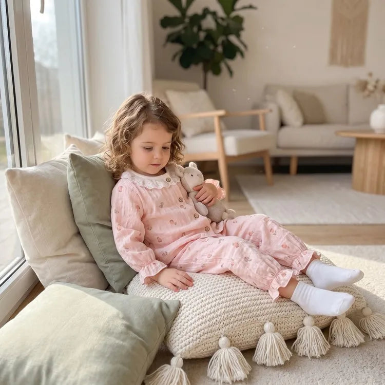Summer Child Clothing Sets in Air-conditioned Room Girls Breathable Comfortable Long Sleeve Lace Home Clothes Sets Kids Pajamas