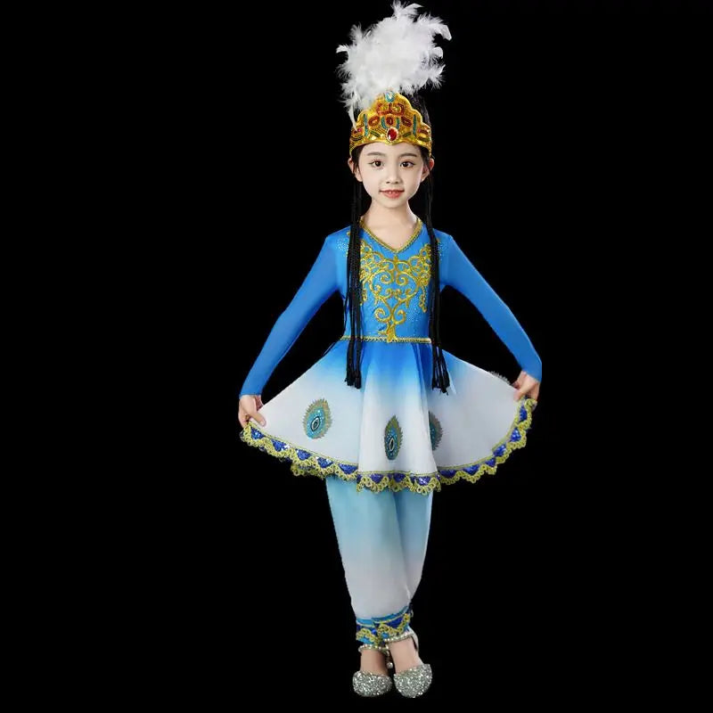 Kazakhstan Dance Costumes For Girls National Clothes Kids Halloween Carnival Clothing Stage Performance Clothing (Hat+Clothes)